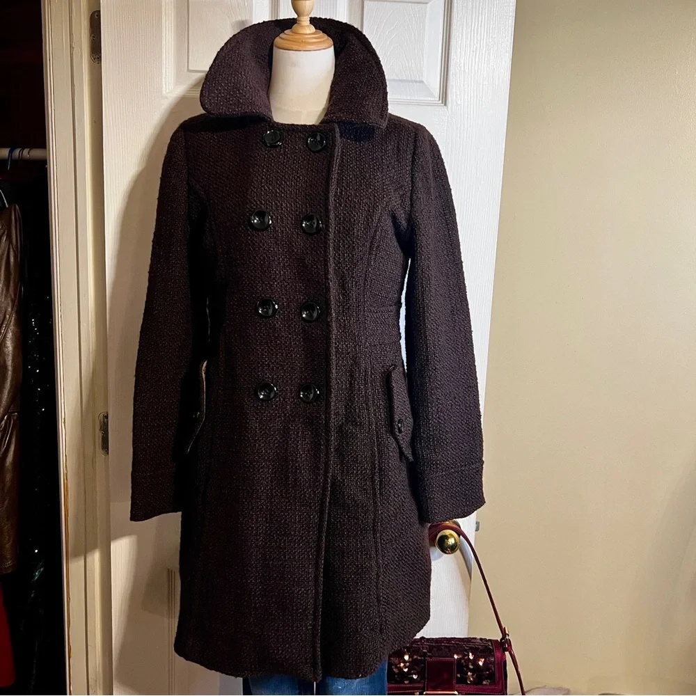 Old Navy Y2K Fall 2010 Chocolate Brown Wool Blend Tweed Boucle Midi Peacoat‎ L